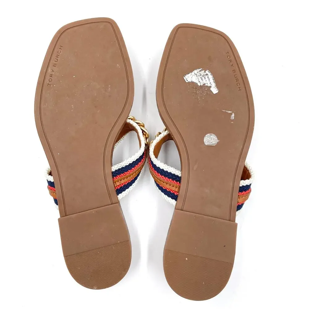 Tory Burch Mini Benton Chain Stripe Sandals Flat Brown Thong Leather Sz 6.5‎